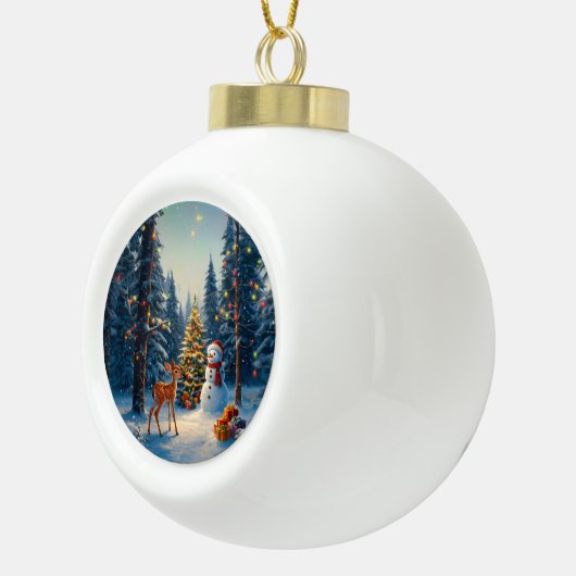 Kerstboom Scene Schattige Herten Fawn Snowman Keramische Bal Ornament (Rechts)