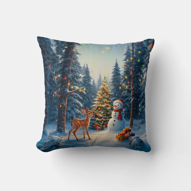 Kerstboom Scene Schattige Herten Fawn Snowman Kussen (Voorkant)