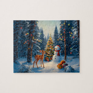 Kerstboom Scene Schattige Herten Fawn Snowman Legpuzzel