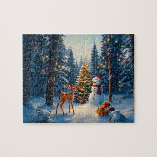 Kerstboom Scene Schattige Herten Fawn Snowman Legpuzzel (Horizontaal)