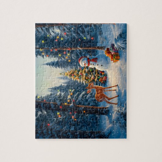 Kerstboom Scene Schattige Herten Fawn Snowman Legpuzzel (Verticaal)