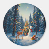Kerstboom Scene Schattige Herten Fawn Snowman Magneet (Voorkant)