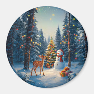 Kerstboom Scene Schattige Herten Fawn Snowman Magneet
