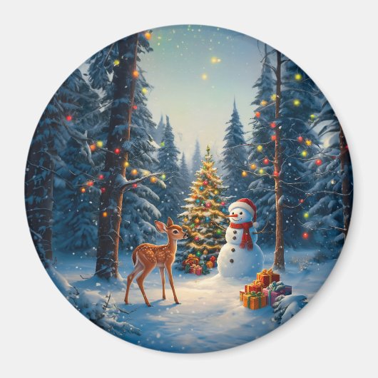 Kerstboom Scene Schattige Herten Fawn Snowman Magneet (Voorkant)