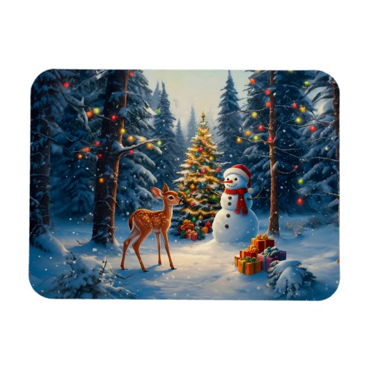 Kerstboom Scene Schattige Herten Fawn Snowman Magneet (Horizontaal)
