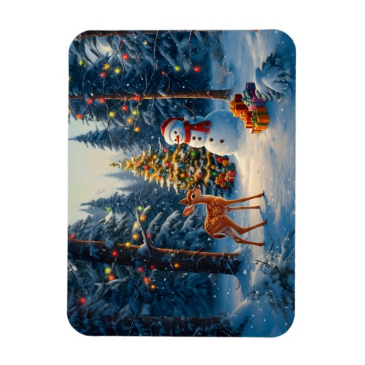 Kerstboom Scene Schattige Herten Fawn Snowman Magneet (Verticaal)
