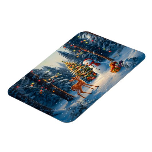 Kerstboom Scene Schattige Herten Fawn Snowman Magneet (Linkerzijde)