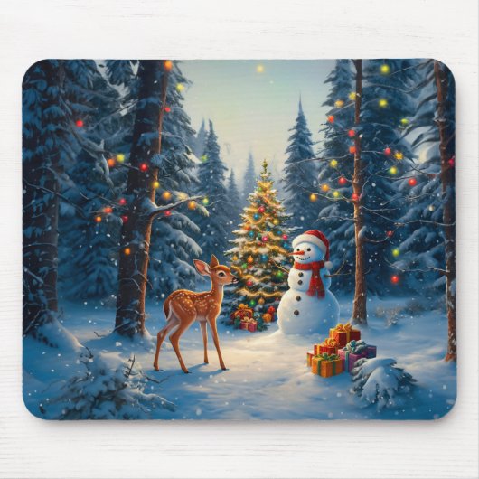 Kerstboom Scene Schattige Herten Fawn Snowman Muismat (Voorkant)