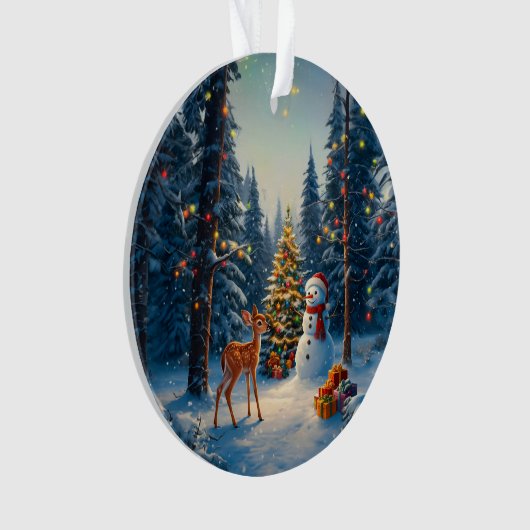 Kerstboom Scene Schattige Herten Fawn Snowman Ornament (voorkant)