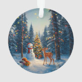 Kerstboom Scene Schattige Herten Fawn Snowman Ornament (achterkant)