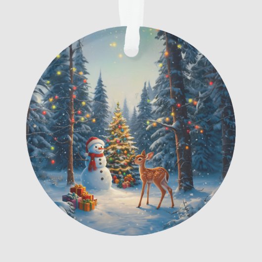 Kerstboom Scene Schattige Herten Fawn Snowman Ornament (achterkant)