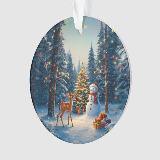 Kerstboom Scene Schattige Herten Fawn Snowman Ornament (voorkant)
