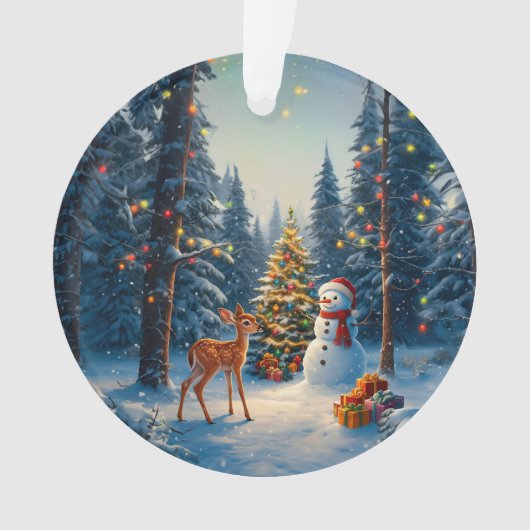 Kerstboom Scene Schattige Herten Fawn Snowman Ornament (voorkant)