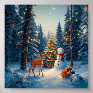Kerstboom Scene Schattige Herten Fawn Snowman Poster