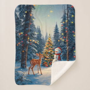 Kerstboom Scene Schattige Herten Fawn Snowman Sherpa Deken