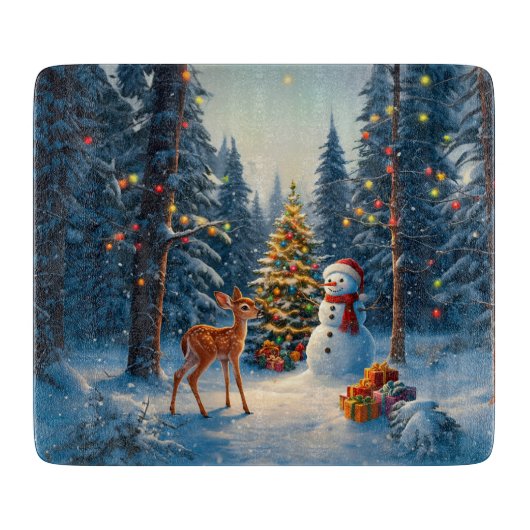 Kerstboom Scene Schattige Herten Fawn Snowman Snijplank (Voorkant)