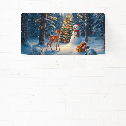 Kerstboom Scene Schattige Herten Fawn Snowman Spandoek (Insitu)