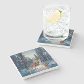 Kerstboom Scene Schattige Herten Fawn Snowman Stenen Onderzetter (Zijkant)