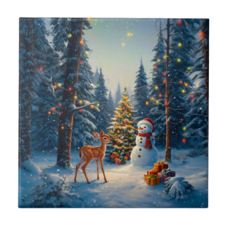 Kerstboom Scene Schattige Herten Fawn Snowman Tegeltje