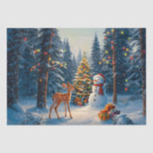 Kerstboom Scene Schattige Herten Fawn Snowman Tissuepapier (Voorkant)