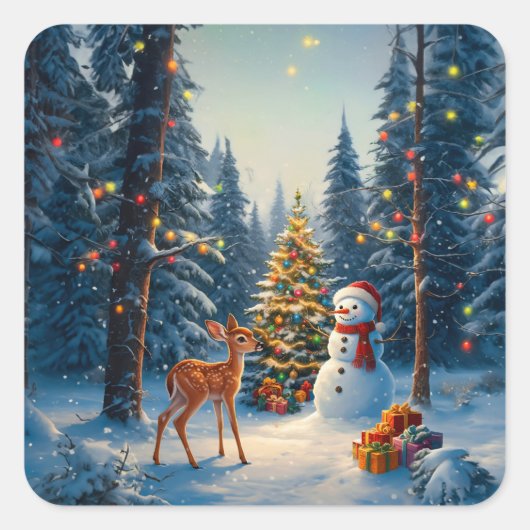 Kerstboom Scene Schattige Herten Fawn Snowman Vierkante Sticker (Voorkant)