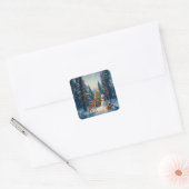 Kerstboom Scene Schattige Herten Fawn Snowman Vierkante Sticker (Envelop)