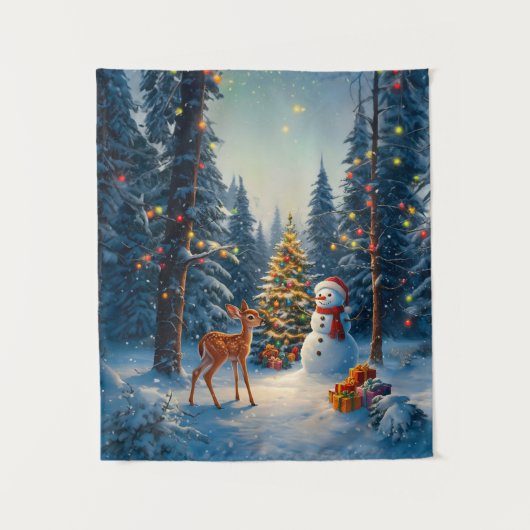 Kerstboom Scene Schattige Herten Fawn Snowman Wandkleed (Voorkant)