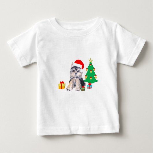 Kerstboom, schattige Yorkshire puppy dog & giften (Voorkant)