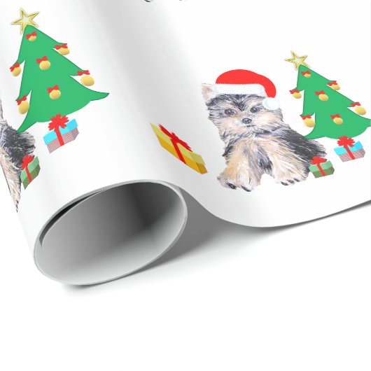Kerstboom, schattige Yorkshire puppy dog & giften Cadeaupapier (Rol Hoek)