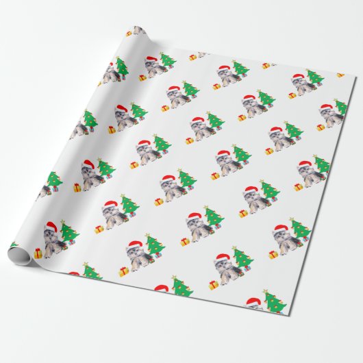 Kerstboom, schattige Yorkshire puppy dog & giften Cadeaupapier (Uitgerold)