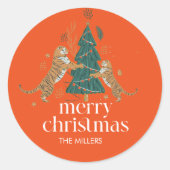 Kerstboom Schattigee Tijgers Vrolijke Kerstretro Ronde Sticker (Voorkant)