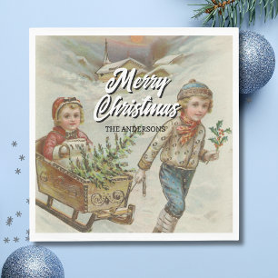 Kerstboom servetten in vintage stijl voor een slee