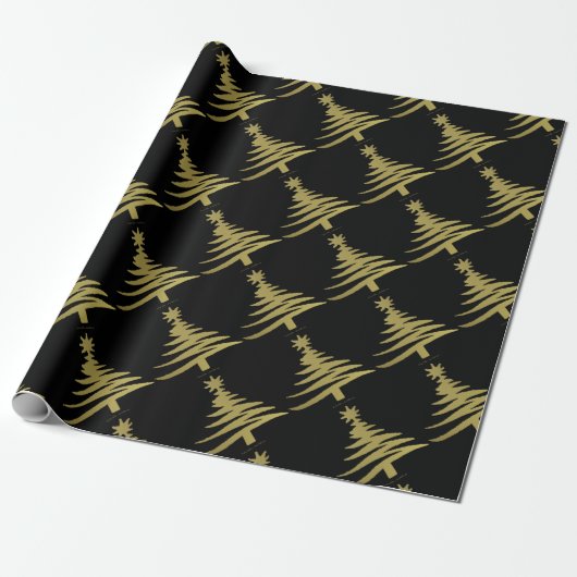 Kerstboom Sjabloon Goud op Zwart Cadeaupapier (Uitgerold)