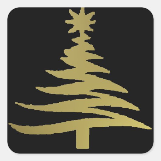 Kerstboom Sjabloon Goud op Zwart Vierkante Sticker (Voorkant)