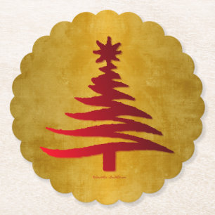 Kerstboom Sjabloon Rood op Goud Kartonnen Onderzetters