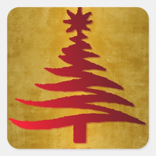 Kerstboom Sjabloon Rood op Goud Vierkante Sticker (Voorkant)
