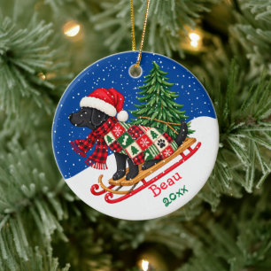 Kerstboom slee Cute patchwork zwarte Lab Keramisch Ornament