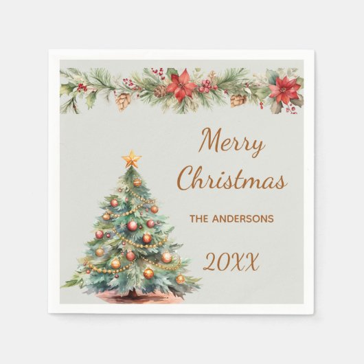 Kerstboom slinger rode bloemen groene Kerstfeest d Servet (Voorkant)