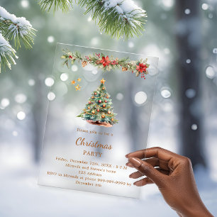 Kerstboom slinger rode bloemen Kerstfeest bevroren Acryl Uitnodigingen