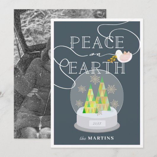 Kerstboom Sneeuw Wereldbol Navy Kerstfoto Kaart (Voorkant / Achterkant)