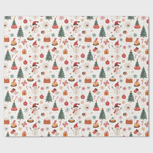 Kerstboom, Sneeuwman en Giften Witte Kerstmis Cadeaupapier (Vlak)