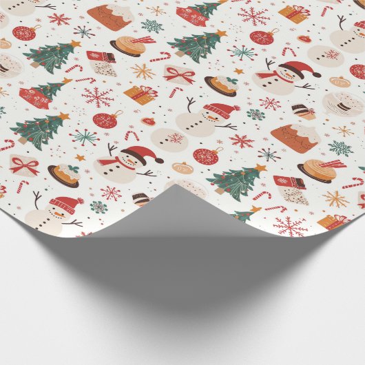 Kerstboom, Sneeuwman en Giften Witte Kerstmis Cadeaupapier (Hoek)