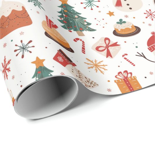 Kerstboom, Sneeuwman en Giften Witte Kerstmis Cadeaupapier (Rol Hoek)