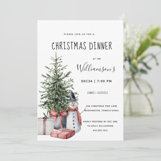 Kerstboom Sneeuwman Kerstdiner uitnodiging (Staand voorkant)