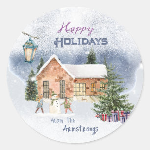 Kerstboom Sneeuwman Kinderen Gifts Winter Scène Ronde Sticker