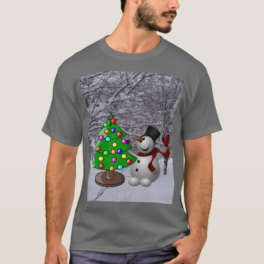 Kerstboom, Sneeuwman, Sneeuwscène Unisex Dark T-shirt (Voorkant)