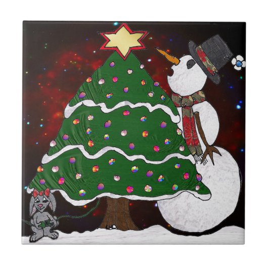 Kerstboom Sneeuwman Verrassingskunstdruk Tegeltje (Voorkant)