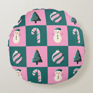 Kerstboom snoep rietsnuit bauble sneeuwpop roze cy rond kussen