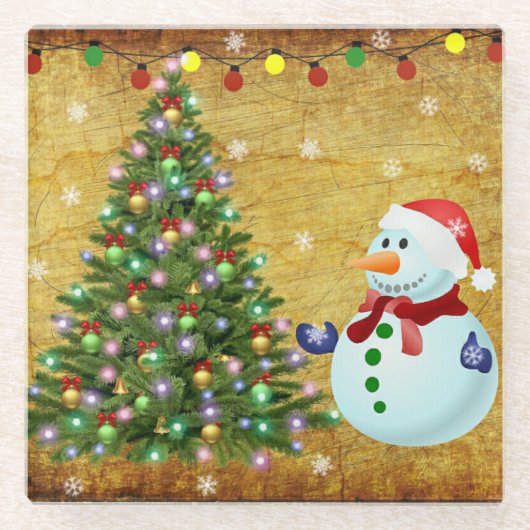 kerstboom Snowman Glazen Onderzetter (Voorkant)