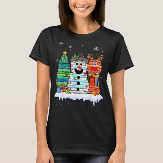 Kerstboom Snowman Reindeboboek Stack Librari T-shirt (Voorkant)